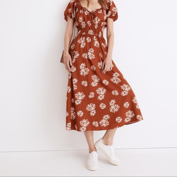 Madewell Dresses & Skirts - Madewell Sophia Linen Blend Floral Puff Sleeve Midi Dress Rusty Torch M medium